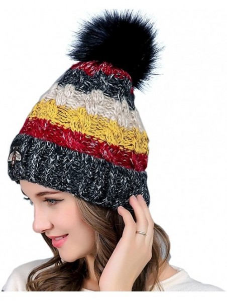 Skullies & Beanies Funky Warm Soft Winter Thick Knit Hats Cap Faux Fur Pom Beanie - Black - C7188AWKEAQ $10.61