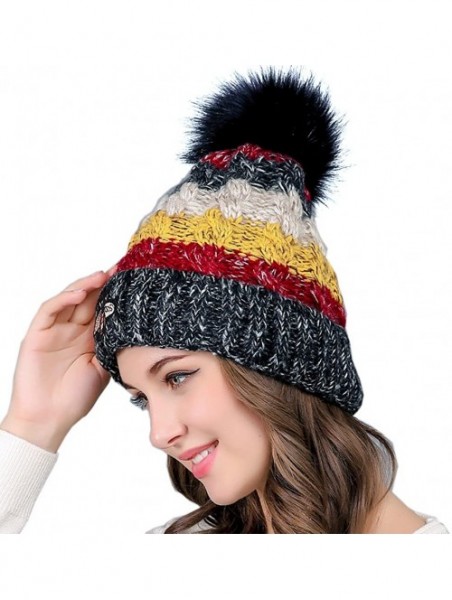 Skullies & Beanies Funky Warm Soft Winter Thick Knit Hats Cap Faux Fur Pom Beanie - Black - C7188AWKEAQ $10.61