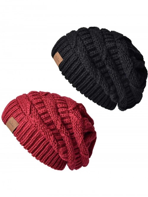 Skullies & Beanies Womens Slouchy Beanie-Trendy Chunky Cable Knit Beanie-Oversized Winter Hats for Women - Black&wine Red - C...