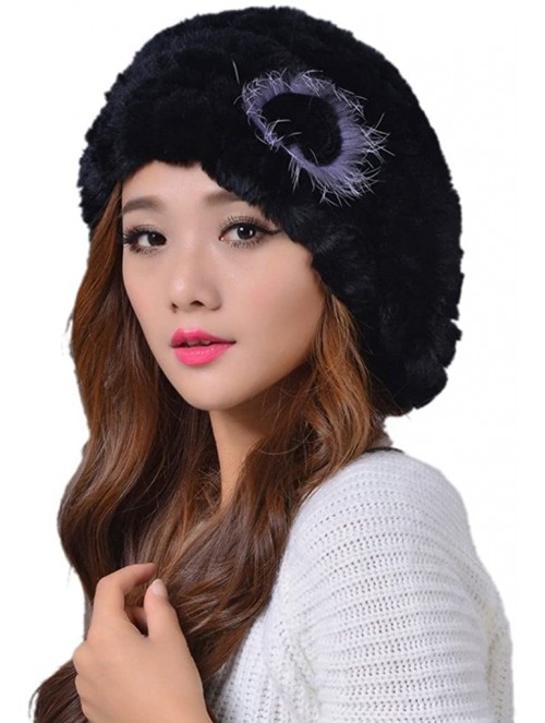 Berets Women's Winter Rex Rabbit Fur Beret Hat with Fur Flower - Black - CO12N0HF5BO $23.32