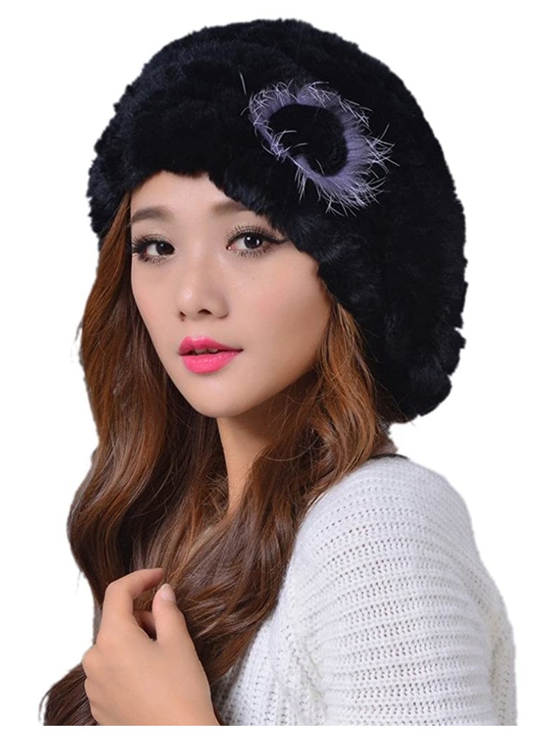 Berets Women's Winter Rex Rabbit Fur Beret Hat with Fur Flower - Black - CO12N0HF5BO $23.32