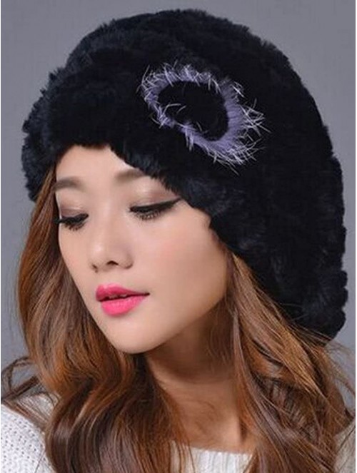 Berets Women's Winter Rex Rabbit Fur Beret Hat with Fur Flower - Black - CO12N0HF5BO $23.32