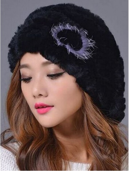 Berets Women's Winter Rex Rabbit Fur Beret Hat with Fur Flower - Black - CO12N0HF5BO $23.32