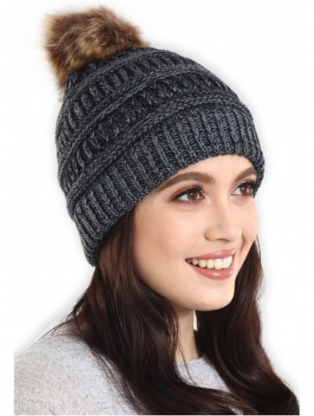 Skullies & Beanies Faux Fur Pom Pom Beanie for Women - Cable Knit Winter Hats for Cold Weather - Black Gray - C318HDNNI7H $10.15