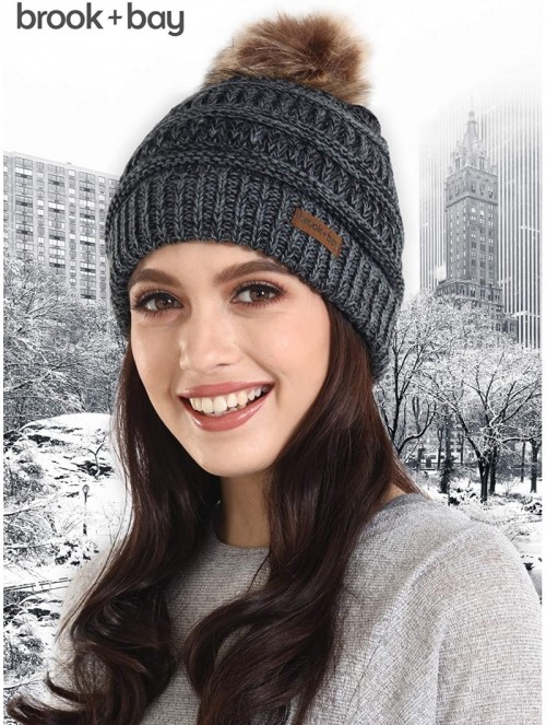 Skullies & Beanies Faux Fur Pom Pom Beanie for Women - Cable Knit Winter Hats for Cold Weather - Black Gray - C318HDNNI7H $10.15