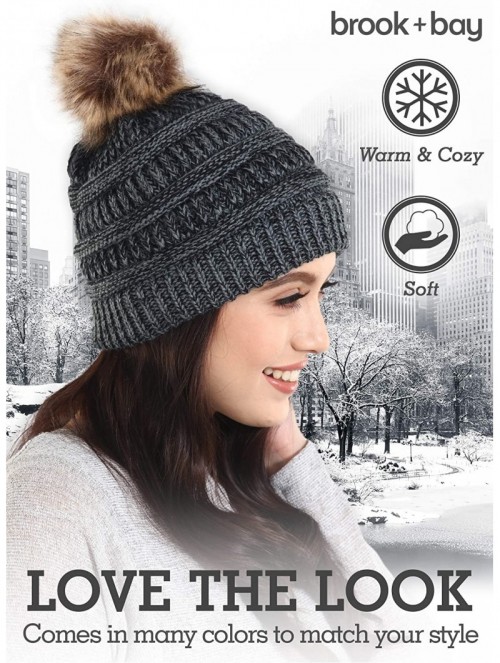 Skullies & Beanies Faux Fur Pom Pom Beanie for Women - Cable Knit Winter Hats for Cold Weather - Black Gray - C318HDNNI7H $10.15