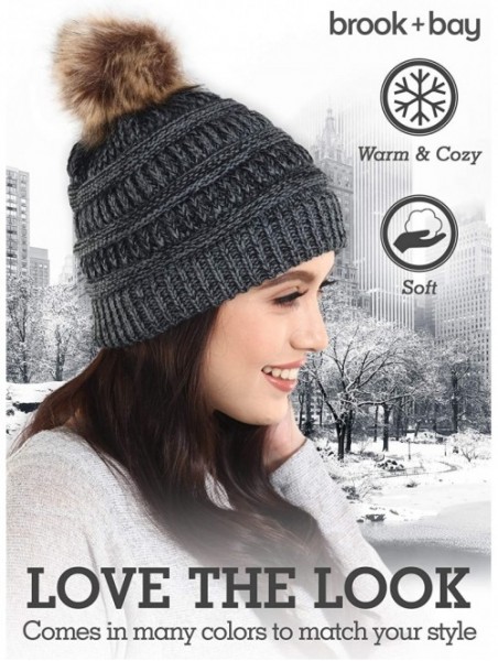 Skullies & Beanies Faux Fur Pom Pom Beanie for Women - Cable Knit Winter Hats for Cold Weather - Black Gray - C318HDNNI7H $10.15