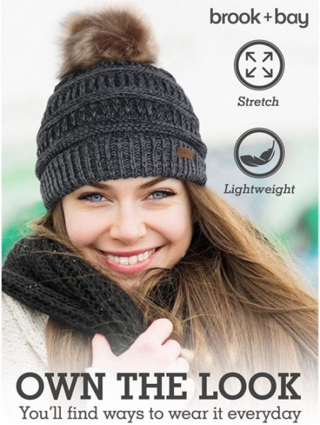 Skullies & Beanies Faux Fur Pom Pom Beanie for Women - Cable Knit Winter Hats for Cold Weather - Black Gray - C318HDNNI7H $10.15