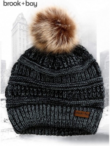 Skullies & Beanies Faux Fur Pom Pom Beanie for Women - Cable Knit Winter Hats for Cold Weather - Black Gray - C318HDNNI7H $10.15