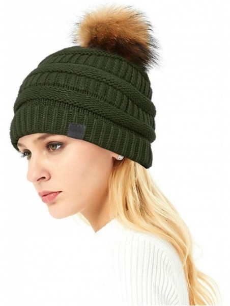 Skullies & Beanies Merino Wool Knitted Bun Beanie - Women Hat Cap with Cute Pony Tail Hole - Raccoon Fur Pompom (Green) - CU1...