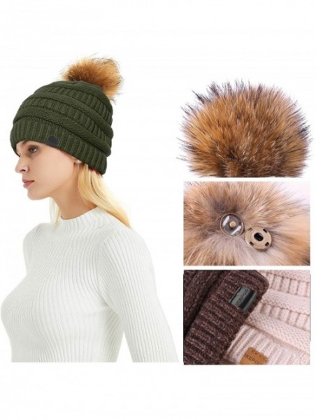 Skullies & Beanies Merino Wool Knitted Bun Beanie - Women Hat Cap with Cute Pony Tail Hole - Raccoon Fur Pompom (Green) - CU1...