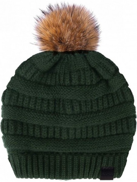 Skullies & Beanies Merino Wool Knitted Bun Beanie - Women Hat Cap with Cute Pony Tail Hole - Raccoon Fur Pompom (Green) - CU1...