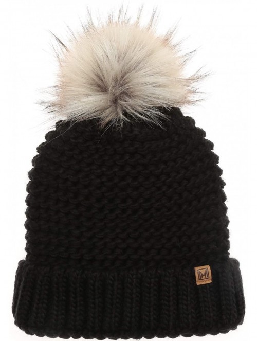 Skullies & Beanies Women's Double Purl Knitted Beanie Hat- Soft Warm Cable Knitted Winter Hat with Faux Fur Pom Pom - Black -...