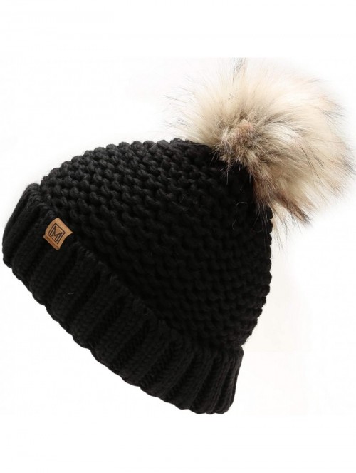 Skullies & Beanies Women's Double Purl Knitted Beanie Hat- Soft Warm Cable Knitted Winter Hat with Faux Fur Pom Pom - Black -...