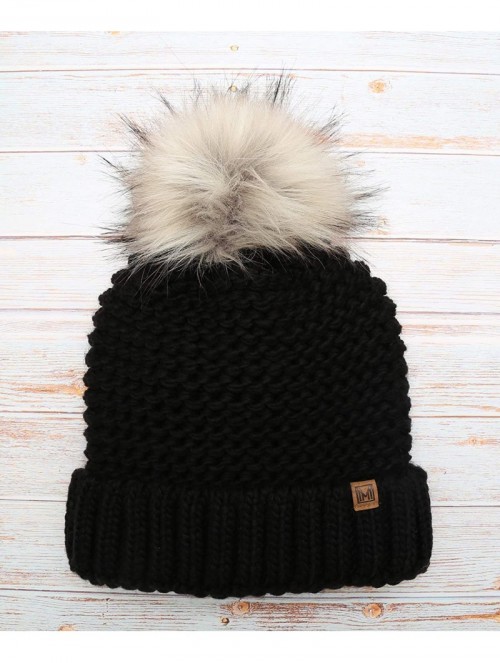 Skullies & Beanies Women's Double Purl Knitted Beanie Hat- Soft Warm Cable Knitted Winter Hat with Faux Fur Pom Pom - Black -...