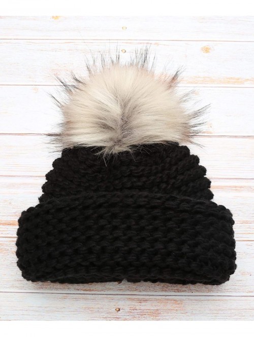 Skullies & Beanies Women's Double Purl Knitted Beanie Hat- Soft Warm Cable Knitted Winter Hat with Faux Fur Pom Pom - Black -...