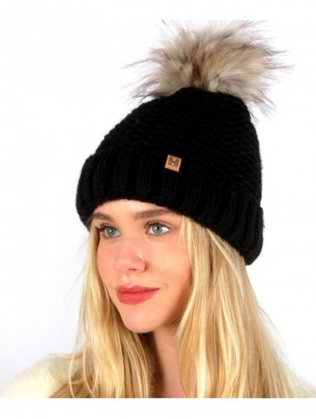 Skullies & Beanies Women's Double Purl Knitted Beanie Hat- Soft Warm Cable Knitted Winter Hat with Faux Fur Pom Pom - Black -...