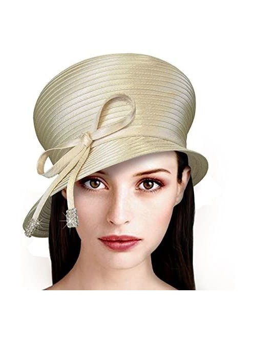 Bucket Hats Bubble Cloche Hat with Rhinestone Knot Bow - Q32 - Alabaster Beige - CB11IZKDP5L $71.54