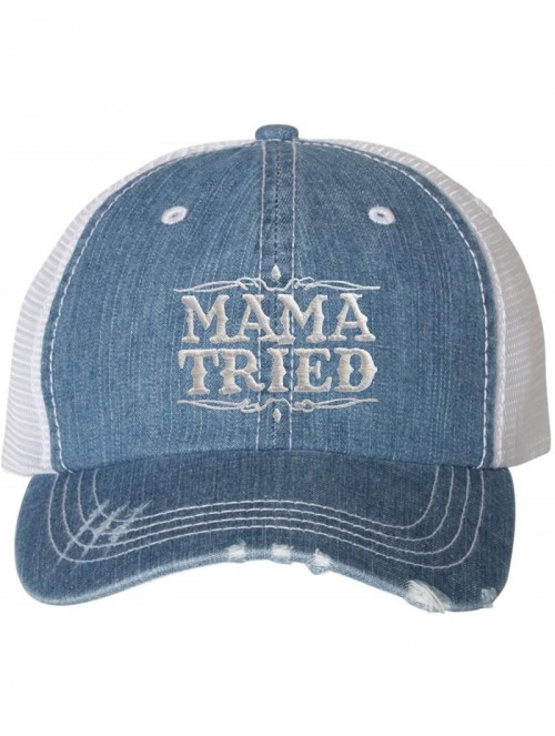 Baseball Caps Adult Mama Tried Embroidered Distressed Trucker Cap - Blue Denim/ White - CG180RQRHDL $37.61