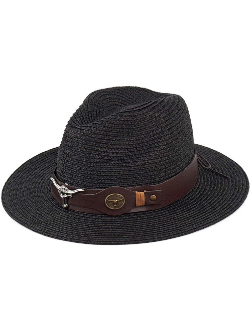 Fedoras Summer Fedora Straw Panama Hat Roll up Straw Beach Sun Hat Sun Protection UPF50+ - B-black - CM18UMGCEDY $14.67