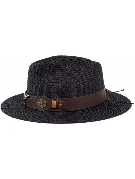 Fedoras Summer Fedora Straw Panama Hat Roll up Straw Beach Sun Hat Sun Protection UPF50+ - B-black - CM18UMGCEDY $14.67