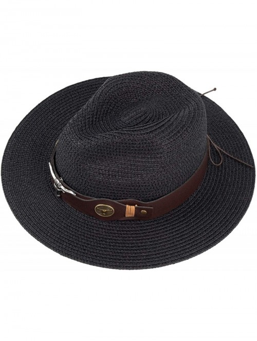 Fedoras Summer Fedora Straw Panama Hat Roll up Straw Beach Sun Hat Sun Protection UPF50+ - B-black - CM18UMGCEDY $14.67