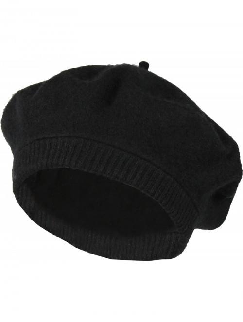 Berets Classic 100% Wool French Beret Hat w/Knit Cuff - Slouchy Winter Beanie Cap - Black - CF186GQS60R $15.35