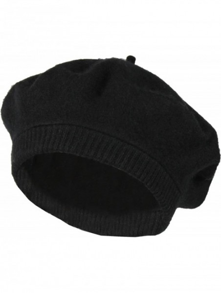 Berets Classic 100% Wool French Beret Hat w/Knit Cuff - Slouchy Winter Beanie Cap - Black - CF186GQS60R $15.35