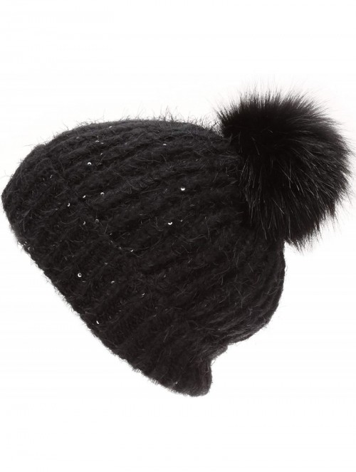 Skullies & Beanies Women's Soft Chunky Scattered Sequin Fuzzy Cable Knit Faux Pom Pom Beanie hat with Sherpa Lined - Black - ...