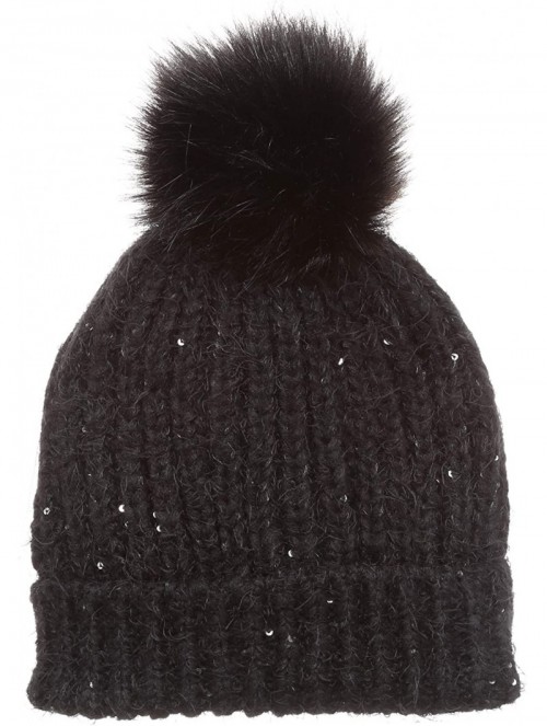 Skullies & Beanies Women's Soft Chunky Scattered Sequin Fuzzy Cable Knit Faux Pom Pom Beanie hat with Sherpa Lined - Black - ...