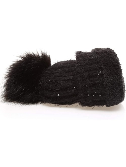 Skullies & Beanies Women's Soft Chunky Scattered Sequin Fuzzy Cable Knit Faux Pom Pom Beanie hat with Sherpa Lined - Black - ...