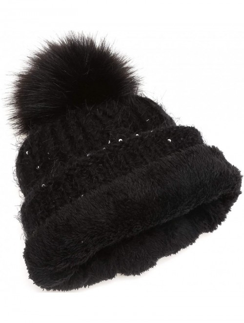 Skullies & Beanies Women's Soft Chunky Scattered Sequin Fuzzy Cable Knit Faux Pom Pom Beanie hat with Sherpa Lined - Black - ...