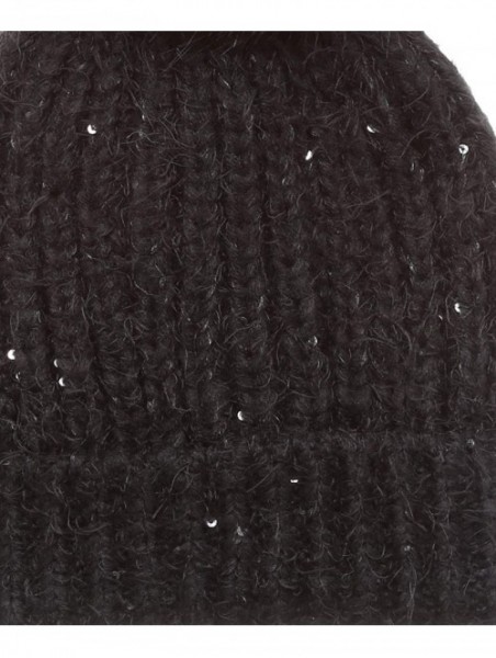 Skullies & Beanies Women's Soft Chunky Scattered Sequin Fuzzy Cable Knit Faux Pom Pom Beanie hat with Sherpa Lined - Black - ...