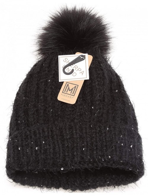 Skullies & Beanies Women's Soft Chunky Scattered Sequin Fuzzy Cable Knit Faux Pom Pom Beanie hat with Sherpa Lined - Black - ...