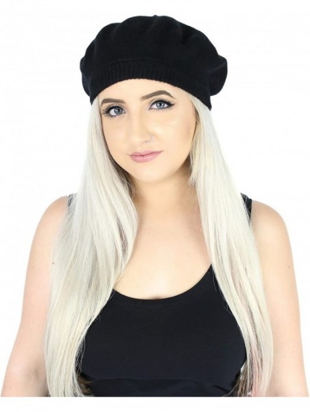 Berets Classic 100% Wool French Beret Hat w/Knit Cuff - Slouchy Winter Beanie Cap - Black - CF186GQS60R $15.35