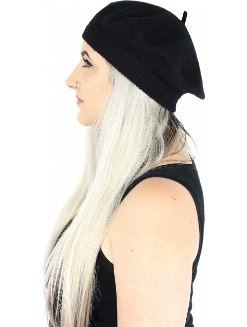 Berets Classic 100% Wool French Beret Hat w/Knit Cuff - Slouchy Winter Beanie Cap - Black - CF186GQS60R $15.35