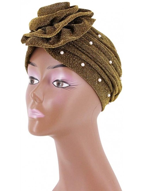 Skullies & Beanies African Printing Turban Cap Hairwrap Headwear Sleep Chemo Bonnet Hat Beanie for Women - Gold Shiny Turban ...