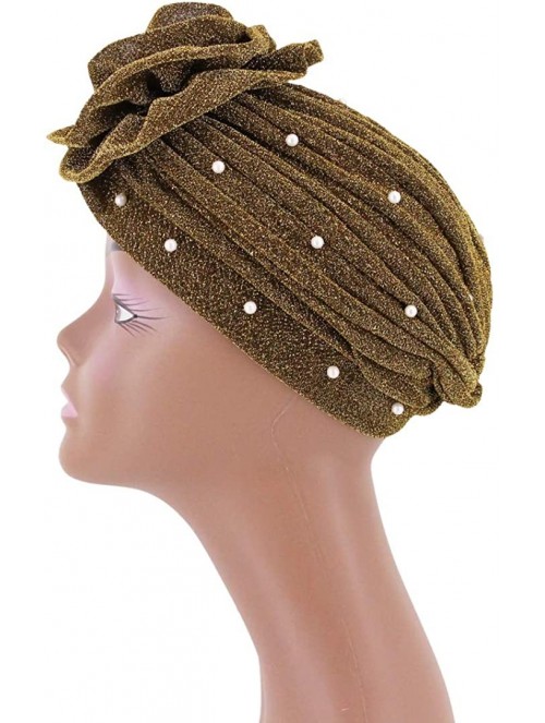 Skullies & Beanies African Printing Turban Cap Hairwrap Headwear Sleep Chemo Bonnet Hat Beanie for Women - Gold Shiny Turban ...