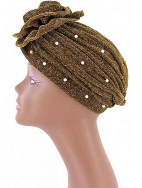 Skullies & Beanies African Printing Turban Cap Hairwrap Headwear Sleep Chemo Bonnet Hat Beanie for Women - Gold Shiny Turban ...