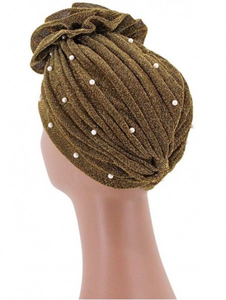 Skullies & Beanies African Printing Turban Cap Hairwrap Headwear Sleep Chemo Bonnet Hat Beanie for Women - Gold Shiny Turban ...