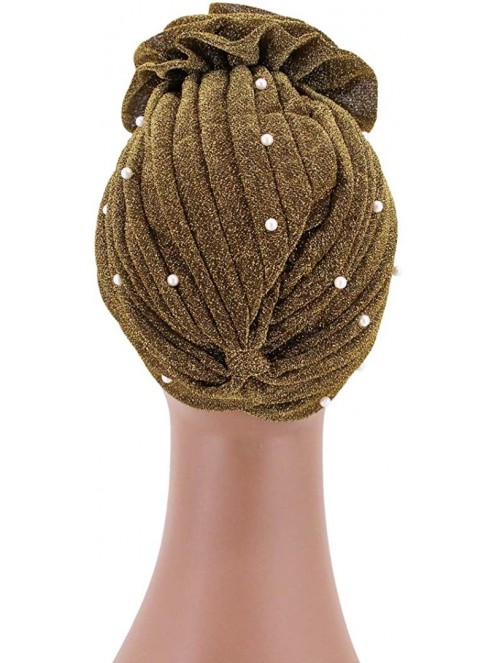 Skullies & Beanies African Printing Turban Cap Hairwrap Headwear Sleep Chemo Bonnet Hat Beanie for Women - Gold Shiny Turban ...