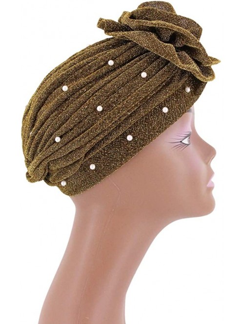 Skullies & Beanies African Printing Turban Cap Hairwrap Headwear Sleep Chemo Bonnet Hat Beanie for Women - Gold Shiny Turban ...