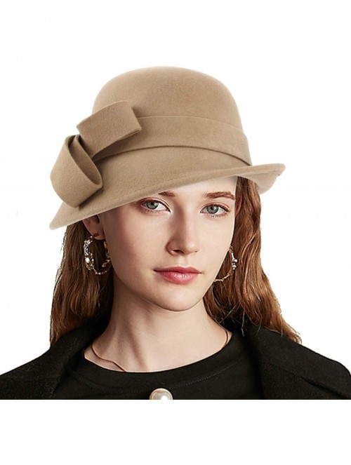 Bucket Hats Woman Bucket Hats Wool 1920S Vintage Cloche Winter Hat Bow Accent - Camel - C91948N9O38 $18.68