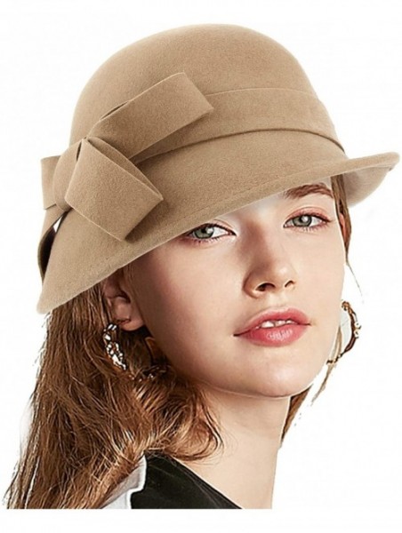 Bucket Hats Woman Bucket Hats Wool 1920S Vintage Cloche Winter Hat Bow Accent - Camel - C91948N9O38 $18.68