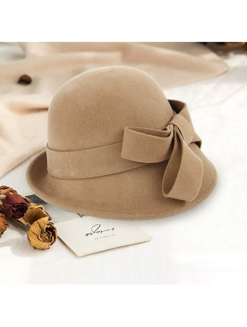 Bucket Hats Woman Bucket Hats Wool 1920S Vintage Cloche Winter Hat Bow Accent - Camel - C91948N9O38 $18.68