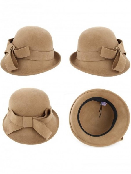 Bucket Hats Woman Bucket Hats Wool 1920S Vintage Cloche Winter Hat Bow Accent - Camel - C91948N9O38 $18.68