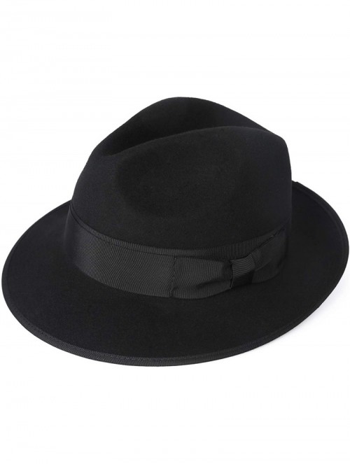 Fedoras Men's Dress Wool Felt Fedora Hat Roll up Brim Gangster Bow Belt Hats - Black - C218L9R0553 $35.55