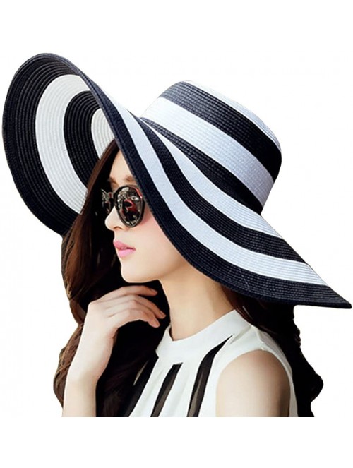 Sun Hats Women's Beachwear Sun Hat Striped Straw Hat Floppy Big Brim Hat - Black - CU12DB7H71Z $19.35