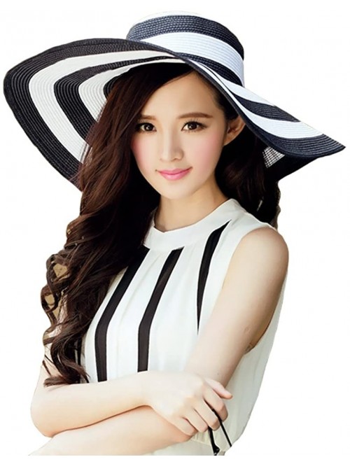 Sun Hats Women's Beachwear Sun Hat Striped Straw Hat Floppy Big Brim Hat - Black - CU12DB7H71Z $19.35