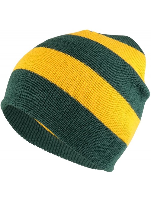 Skullies & Beanies Two Tone Thick Striped Acrylic Knit Short Winter Beanie Hat - Dark Green Gold - C41863C845E $11.73